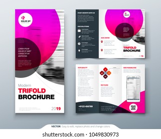 Tri fold brochure design. Pink business template for tri fold flyer. Layout with modern circle photo and abstract background. Creative 3 folded flyer or brochure concept.