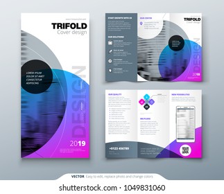 Tri fold brochure design. Purple corporate business template for tri fold flyer. Layout with modern circle photo and abstract background. Creative concept 3 folded flyer or brochure.