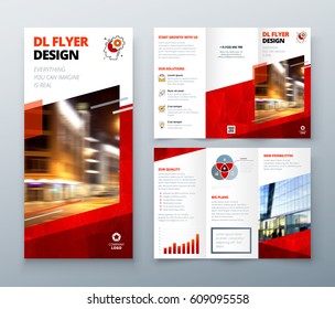 Tri fold brochure design. Red DL Corporate business template for try fold brochure or flyer. Layout with modern elements and abstract background. Creative concept folded flyer or brochure.