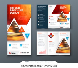 Tri fold brochure design red, orange template for tri fold flyer. Layout with modern triangle photo and abstract background. Creative concept 3 folded flyer or brochure.