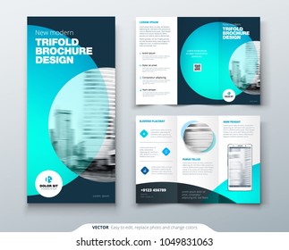 Tri fold brochure design. Teal, orange corporate business template for tri fold flyer. Layout with modern circle photo and abstract background. Creative concept 3 folded flyer or brochure.