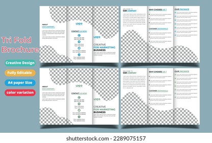 Tri fold brochure design. Teal, orange corporate business template for tri fold flyer. Layout with modern circle photo and abstract background. Creative concept 3 folded flyer or brochure.