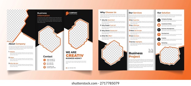 Layout de folheto com três dobras. Folheto laranja e preto. Para design e impressão.Modelo de brochura de negócios de três dobras corporativas, layout de três dobras, carta, brochura de tamanho a4.
