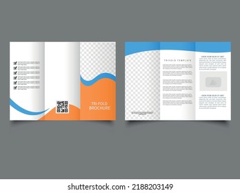 Tri fold brochure with orange waves. Collection of folded brochures, annual. Vector graphics.