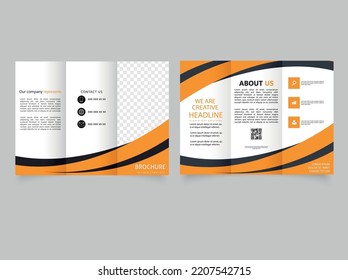 Dreifach-Broschüre mit orangefarbenen Wellen, dreimalige Broschüre mit orangefarbenen Wellenformen.
