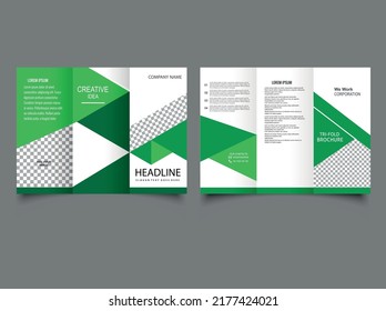 tri fold brochure template design with green triangles. Vector graphics.