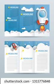 Tri fold brochure template.  Paper cut of rocket fly to the sky.