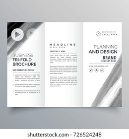 tri fold brochure vector template design with black paint stroke