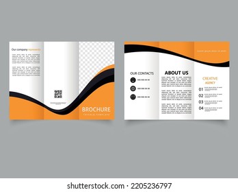 Tri fold brochure with yellow waves. Concept Tri-fold Design and Brochure, Catalog Vector Template. Vector