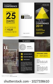 Tri fold Business Brochure. Creative corporate business template for try fold brochure or flyer. Layout with modern elements and abstract yellow chameleon background. Concept flyer