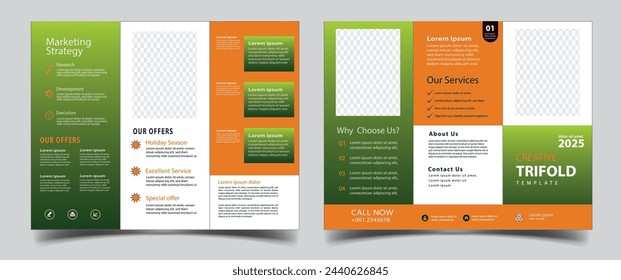 Tri fold Business Brochure Template Layout. Corporate Design Leaflet with Replaceable Image Shape. colorful Template triple folding brochure printing