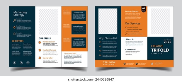 Tri fold Business Brochure Template Layout. Corporate Design Leaflet with Replaceable Image Shape. colorful Template triple folding brochure printing