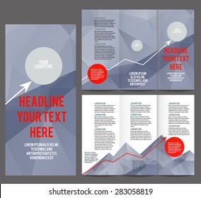 Tri Fold corporate identity template Brochure Vector Design. Corporate Leaflet with growth chart arrow on polygonal mountain