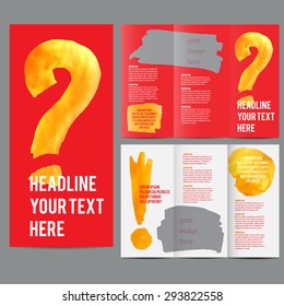 Tri Fold corporate identity template Brochure Vector Design. Corporate Leaflet with hand drawn watercolor stains and exclamation and question marks