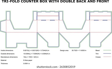 Tri fold counter box packaging template double back front die cut design
