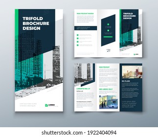 Tri Fold Green Brochure Design With Square Shapes, Corporate Business Template For Tri Fold Flyer. The Template Is White With A Place For Photos. Creative Concept Folded Flyer Or Brochure.