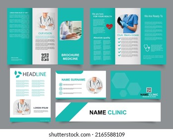 Tri fold medical brochure. Collection of folded brochures, annual report, business card. For printing, A4 magazine cover