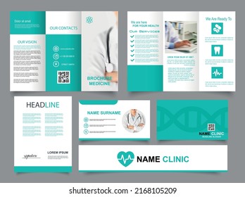 Tri fold medical brochure. Collection of folded brochures, annual report, business card. For printing, A4 magazine cover