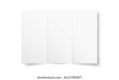 Tri fold mockup. Folded booklet or map on white background. Realistic brochure template. Open catalog or leaflet blank with soft shadow. Vector illustration.