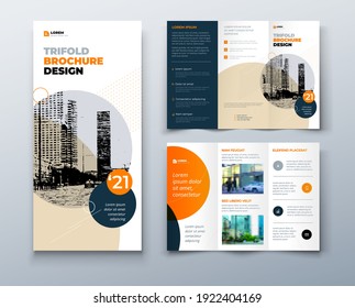 Tri fold Orange brochure design with square shapes, corporate business template for tri fold flyer. The template is white with a place for photos. Creative concept folded flyer or brochure.