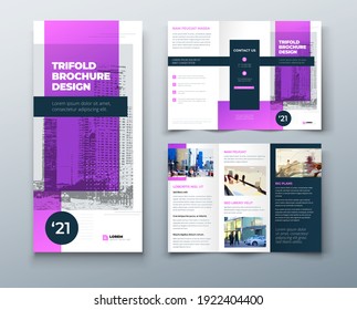 Tri fold purple brochure design with square shapes, corporate business template for tri fold flyer. The template is white with a place for photos. Creative concept folded flyer or brochure.