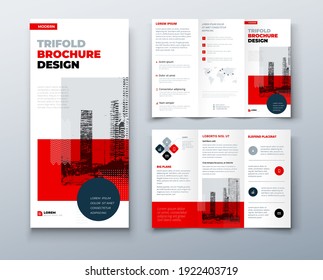 Dreifach-rotes Broschürendesign mit quadratischen Formen, Corporate Business Template für Dreiseitenflieger. Die Vorlage ist weiß mit einem Platz für Fotos. Creative Concept Faltenflieger oder Broschüre.