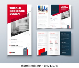 Tri fold red brochure design with square shapes, corporate business template for tri fold flyer. Template is white with a hexagon and a place for photos. Creative concept folded flyer or brochure.