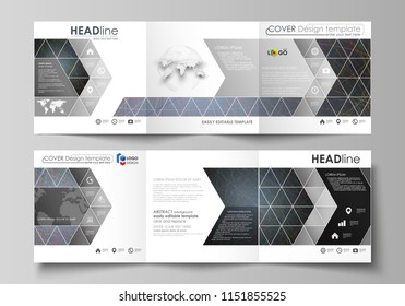 Tri fold square design brochures. Leaflet cover, abstract flat layout, easy editable vector. Colorful dark background with abstract lines. Bright color chaotic, random, me