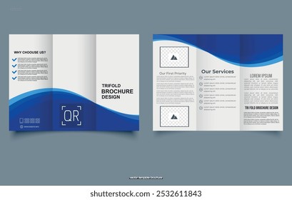 Tri fold wave brochure layout. Blue and white flyer. For design and print. Trifold Print Ready Brochure Template.
