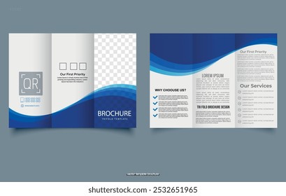 Tri fold wave brochure layout. Blue and white flyer. For design and print. Trifold Print Ready Brochure Template. Vector illustration