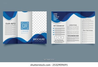 Layout de folheto de onda de três dobras. Flyer azul e branco. Ilustração vetorial