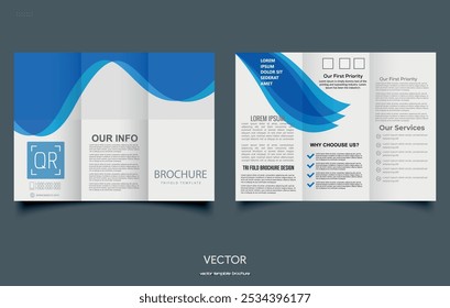 Layout de folheto de onda de três dobras. Flyer azul e branco. Ilustração vetorial
