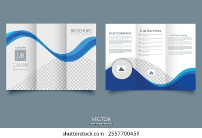 Tri fold wave brochure layout. Blue and white flyer. For design and print. Vector illustration