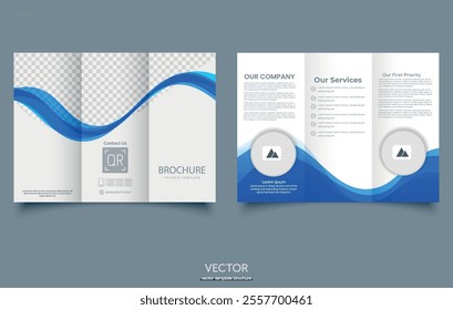 Tri fold wave brochure layout. Blue and white flyer. For design and print. Vector illustration