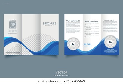 Tri fold wave brochure layout. Blue and white flyer. For design and print. Vector illustration