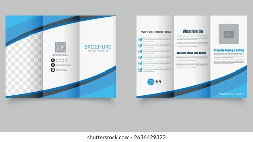 Tri fold wave brochure layout. Blue and white flyer. For design and print. Ideal for corporate, digital, and startup use