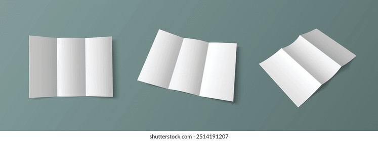 Tri fold white empty leaflet mockup in different angles of view. Open trifold blank paper brochure template. Pamphlet with three parts for menu or business presentation. Realistic 3d vector set.