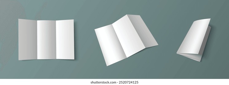 Tri fold white empty leaflet mockup in different angles of view. Open trifold blank paper brochure template. Pamphlet with three parts for menu or business presentation. Realistic 3d vector set.
