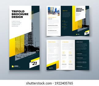 Tri Fold Yellow Brochure Design With Square Shapes, Corporate Business Template For Tri Fold Flyer. Template Is White With A Hexagon And A Place For Photos. Creative Concept Folded Flyer Or Brochure.