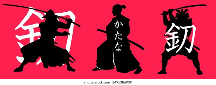 Triad of Tradition Samurai Silhouettes Against the Rising Sun,Japan, bushido, shadow, swordsmanship, trio