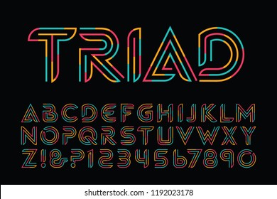 Triad is a tricolor primary colored alphabet. This font has a sleek and modern feel, useful for high tech lettering applications.