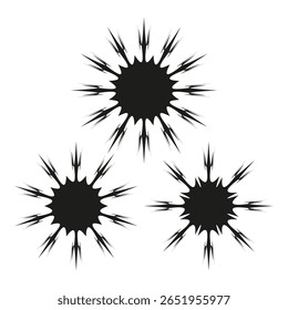 Iconografia de detonação trídica. Silhuetas de explosão estelar serrilhadas. Fragmentação agressiva Vetor. Fundo de alabastro intocado.
