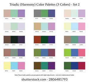 Triadic Harmony Color Palettes Set 2 - 3 Color Combination, Perceptual Mode - 15 Color Combos with HEX Codes, Harmonious Colour Palette Schemes