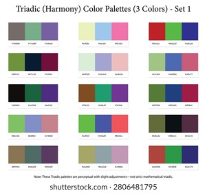 Triadic Harmony Color Palettes Set 1 - 3 Color Combination, Perceptual Mode - 15 Color Combos with HEX Codes, Harmonious Colour Palette Schemes