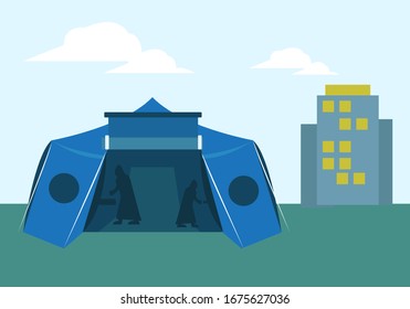 A triage tent with silhouette of health workers is used for Emergency Purposes such as quarantine area or for mobile clinic. Editable Clip art.