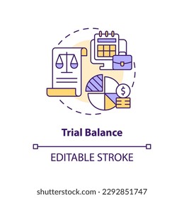 Icono de concepto de balance de prueba. Corregir la información financiera. Elemento de contabilidad, abstract idea ilustración de línea delgada. Dibujo de contorno aislado. Trazo editable. Fuentes Arial, Myriad Pro-Bold utilizadas