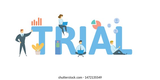 TRIAL. Concept with people, letters and icons. Colored flat vector illustration. Isolated on white background.