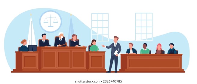 Trial in courtroom. Lawyer asks questions to witness. Courthouse interior. Judge and jury at wooden tribunes. Law tribunal. Prosecutor and defendant attorney. Vector