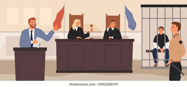 Trial in courtroom. Prosecutor giving speech. Judges at wooden rostrum. Sad defendant is behind bars. Security guard and attorney. Jurors and lawyers. Garish vector