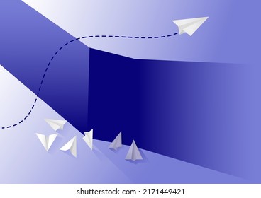 Trial and error and concept for overcoming challenges. Business illustration of a paper plane flying after failing multiple times. Minimalistic vector illustration.